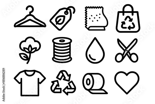 Eco-Friendly Fashion Icons. Sustainable Fashion linear icon set: clothing hanger, leaf tag, recycled fabric, eco bag, cotton plant, spool of thread, water droplet, scissors