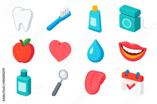 Healthy Smile Icons. Healthy Smile flat icons set. tooth, toothbrush, toothpaste, floss, apple, heart, drop, smile, mouthwash, mirror, tongue, calendar