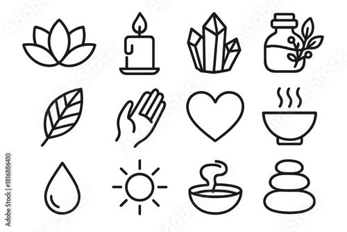 Holistic Healing Icons. Holistic healing linear icon set: lotus flower, candle, crystal, herbal bottle, leaf, hand, heart, bowl, incense, droplet, sun, stone stack