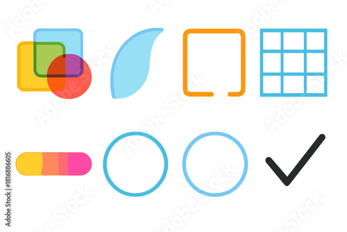 Minimalist Transparent Icons. Creative Transparency flat icon set: layered shapes, translucent curve, open frame, visible grid, soft gradient bar, clarity stroke, outline form