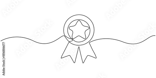 Award star badge continuous line art drawing. Vector illustration isolated on white.,  Single continuous line drawing of the best quality award badge with gold star winning medal illustration