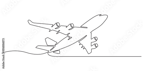 Continuous one line drawing of flying airbus or plane. Aeroplane  fly outline illustration. Editable vector. Airplane in single line draw illustration. One continue Line draw airplane On White