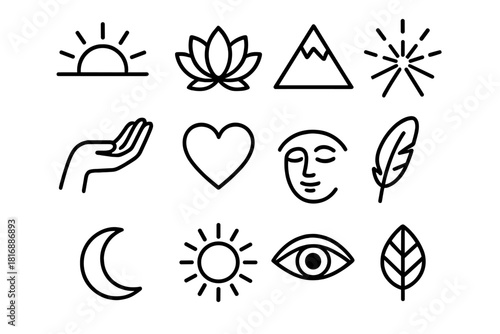 Icons of Enlightenment. Path to Enlightenment linear icon set. sunrise, lotus, mountain peak, open hand, heart, light beam, calm face, eye, feather, moon, sun, leaf