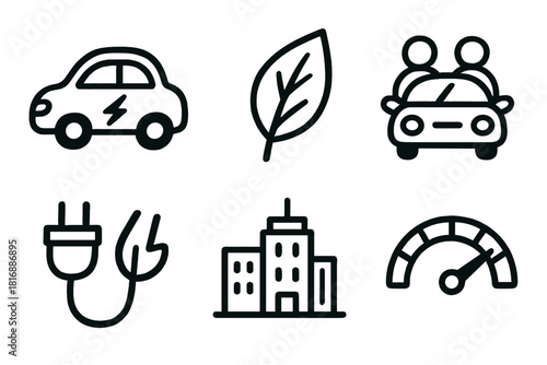 Eco Transport Icons. Eco Rides set of icons in doodle hand-drawn vector style. electric car, leaf symbol, shared vehicle, charging plug, city skyline, efficiency gauge