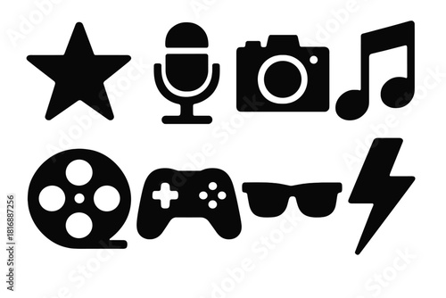 Brutalist Entertainment Icons. Entertainment Icons silhouette icon set. star, microphone, camera, music note, film reel, game controller, sunglasses, lightning bolt.
