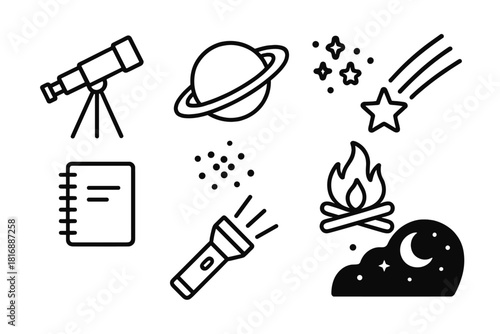 Celestial Icons Night. Astronomy Night linear icon set: telescope, planet, star cluster, shooting star, campfire, notebook, flashlight, night sky