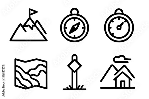 Mountain Navigation Icons. Mountain Navigation Essentials linear icon set: summit compass, altitude gauge, ridge line map, climbing marker, weather flag, safe shelter icon