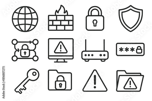 Digital Security Icons. Network Security linear icon set. network globe, firewall wall, lock symbol, secure connection, shield emblem, data flow, alert monitor, router icon