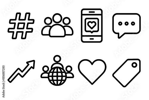 Hashtag Icon Set. Community Hashtag Trends linear icon set. trending hashtag, user group, smartphone post, chat dots, arrow rise, global community, heart like, digital tag