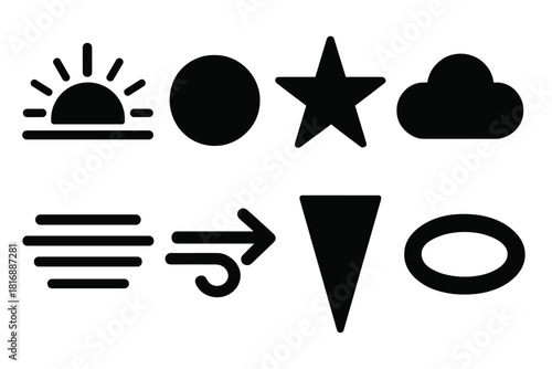 Sky Icons in Brutalist Style. Sky atmosphere silhouette icon set: sunrise glow, sunset disk, twilight star, drifting cloud, soft haze, wind arrow, light beam, airy ring