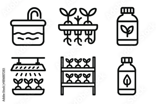 Hydroponic Setup Icons. Hydroponic Setup linear icon set: water tank, tubes, seedlings, nutrient bottle, LED light, rack system