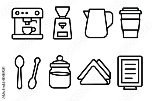 Cafe Essentials Icons. Cafe Essentials linear icon set. espresso machine, grinder, milk jug, takeaway cup, menu board, spoon, sugar jar, napkin holder