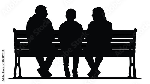 Family sitting on a park bench silhouette isolated on white background, Vector