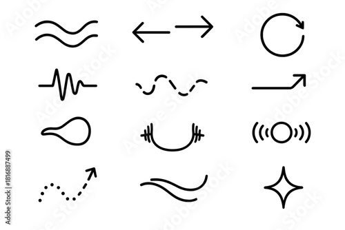 Dynamic Motion Icons. Movement Creativity Set linear icon set: flowing ribbon, push-pull arrow, spin ring, oscillation bar, rhythmic dash line, direction shift marker, curve-flow