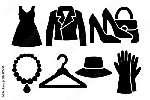 Brutalist Fashion Icons. Fashion Dressing Icons silhouette icon set: dress, jacket, heels, bag, necklace, hanger, hat, gloves