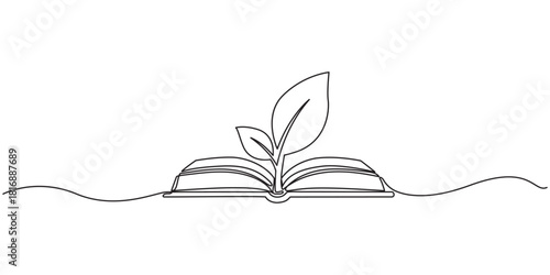 Opened book with sprout plant in one continuous line drawing, Education study and knowledge concept in simple linear style. Growing wisdom editable stroke.
