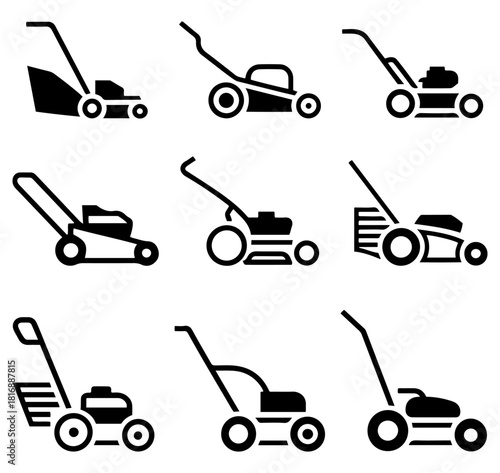 gasoline lawn mower silhouette icon set