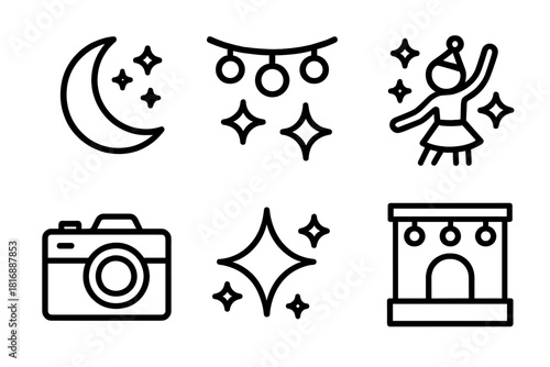 Moonlit Parade Icons. Night Parade linear icon set: moon, lights, performer, sparkle, camera, stage