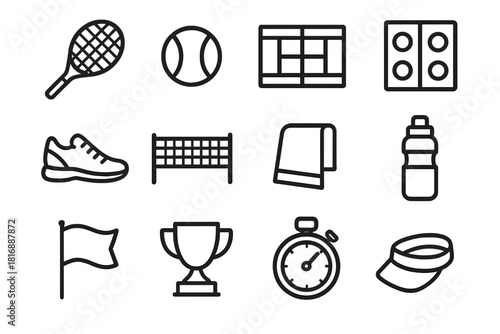 Tennis Match Icons. Tennis Match Icons linear icon set. racket, ball, court lines, scoreboard, shoes, net, towel, bottle, flag, trophy, stopwatch, visor