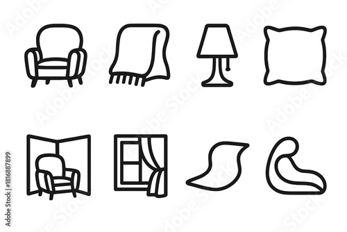 Home Comfort Icons. Home Cocoon Icons linear icon set: comfy chair, thick throw, dim lamp, soft pillow, warm corner, quiet window, curved rug, restful curve