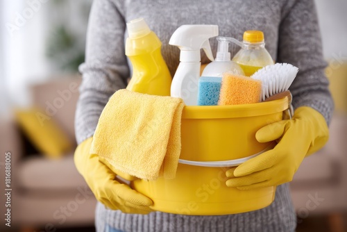 Woman Holding Yellow Bucket with Cleaning Supplies