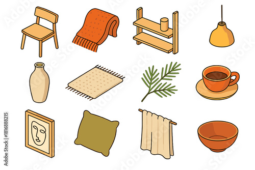 Scandinavian Design Elements. Scandinavian Interior flat icons set. light wood chair, knit throw, minimalist shelf, pendant light, neutral vase, wool rug, pine branch, tea cup