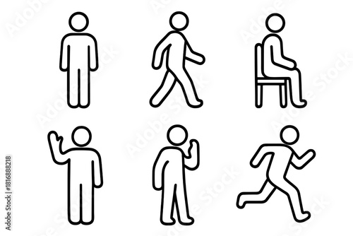 People Outline Icons. People Set linear icon set: standing person, walking person, sitting person, waving person, talking person, running person
