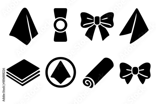 Brutalist Napkin Icons. Elegant Napkins Pack silhouette icon set. fabric napkin, ring holder, ribbon knot, folded triangle, paper stack, dinner plate napkin, rolled cloth, bow