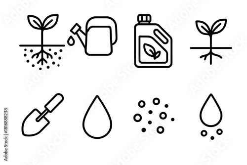Eco-Friendly Fertilization Icons. Fertilization process concept linear icon set: plant roots, soil layer, nutrient particles, watering can, bottle of fertilizer, sprout, shovel
