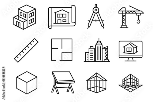 Architectural Blueprint Design. Architectural 3D Environments linear icon set. building model, blueprint, compass tool, ruler, floor plan, city skyline, crane, 3D cube, drafting