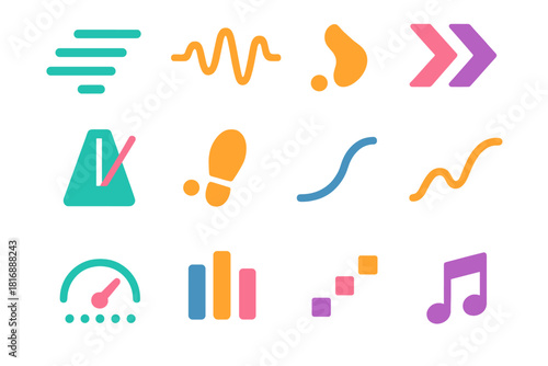 Modern Pace Icons. Pace flat icon set: speed lines, steady rhythm wave, pacing arrows, metronome icon, stride marker, flow curve, timing dots, balanced pace bar, momentum line