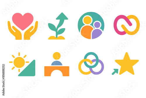 Modern Parenting Icons. Parenting strategies symbols flat icon set: nurturing heart, growth arrow, support circle, connection loop, clarity beam, trust bridge, teamwork ring