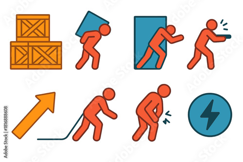 Effort and Force Icons. Physical Burden Elements flat icon set: stacked crates, shoulder load, pushing block, tension bar, effort arrow, dragging line, strained joint, force icon
