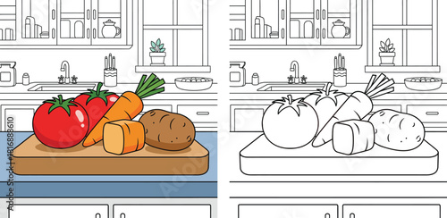 Fresh Vegetables on a Cutting Board in a Kitchen Setting - Tomatoes, Carrots, Potato