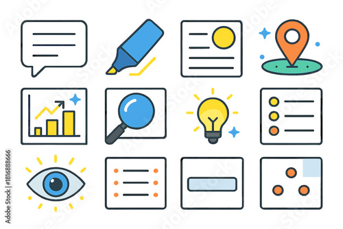 Vibrant Vector Icons. Visual Clarity Messaging flat icon set: icon + text frame, contrast highlight, clean spacing grid, readability lines, simplified shapes, focal marker