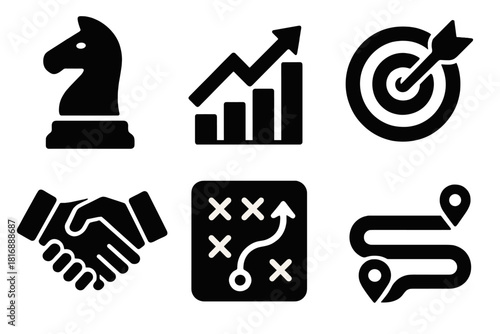 Brutalist Strategy Icons. Business Strategy silhouette icon set. chess piece, growth chart, target arrow, handshake, planning board, roadmap icon.