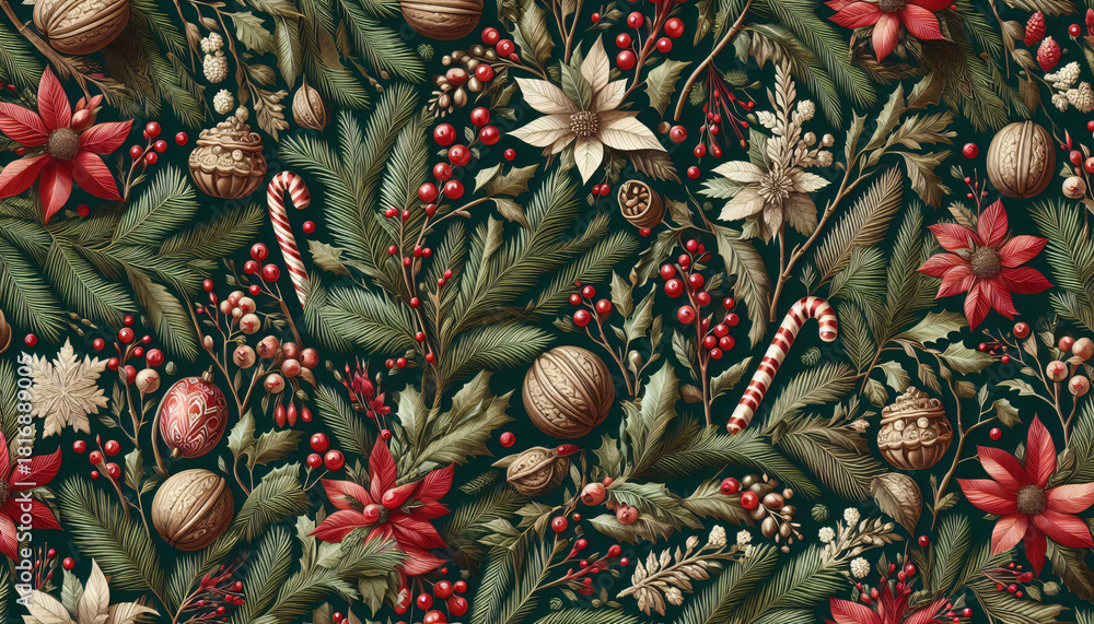 Obraz premium Christmas pattern seamless with poinsettias, holly, pine, and candy canes in green and red