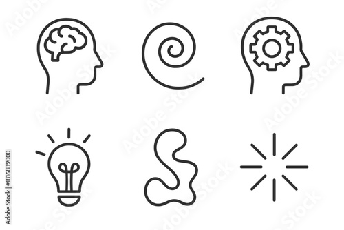 Innovative Mind Icons. Innovative Mindset Set linear icon set: open brain, curiosity swirl, problem-solving gear, insight flash, flexible shape, expanding lines