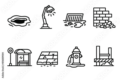 Urban Maintenance Challenges. City maintenance problems concept linear icon set: pothole, broken lamp post, blocked drain, collapsed wall, old bus stop, damaged pavement, leaking