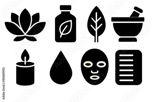 Ayurvedic Beauty Icons. Ayurvedic Beauty silhouette icon set. lotus flower, herbal bottle, leaf, mortar and pestle, candle, oil drop, facial mask, comb
