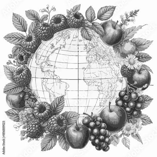 Detailed pencil drawing of the globe surrounded by a wreath of raspberries, apples, and leaves, symbolizing global harvest.