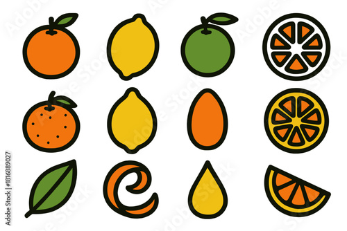 Citrus Icon Collection. Citrus Variety silhouette icon set: orange, lemon, lime, grapefruit, tangerine, pomelo, kumquat, sliced orange, citrus leaf, zest spiral, juice drop, fruit