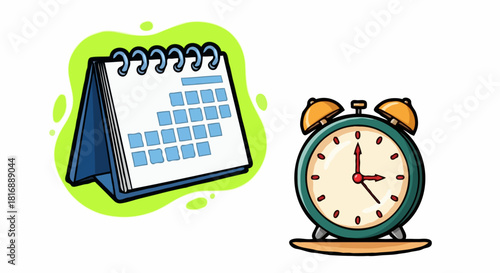 A colorful cartoon illustration of a desk calendar and an alarm clock, symbolizing time management and scheduling.