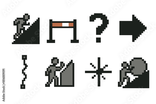 Pixel Art Challenge Icons. General Challenge pixel style icon set: steep slope, hurdle bar, question symbol, bold arrow, tension line, struggle icon, breakthrough spark, effort