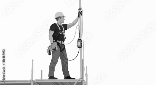 Monochrome vector illustration of a construction worker wearing safety gear standing on scaffolding at a height. Copious, copy space.