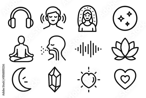 Meditation Icon Harmony. Guided Meditation Journey linear icon set. headphones, calm voice, aura field, stars, timer circle, seated body, breathing path, sound wave, lotus flower