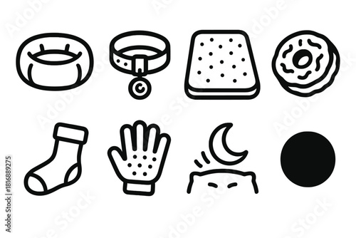 Pet Comfort Icons. Pet Comfort Support linear icon set: plush nest, calming collar charm, soft fleece mat, enrichment chew disc, warm cuddle sock, gentle stroke glove, rest