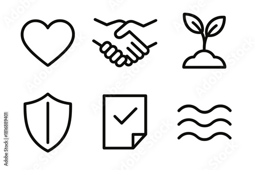 Icons of Family Values. Family Values Set linear icon set: love heart, trust handshake, growth plant, protection shield, gratitude note, harmony wave