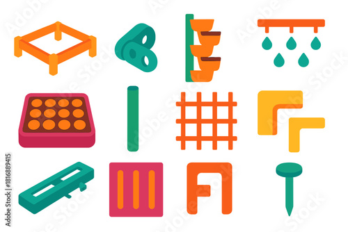 Modular Gardening Icons. Flexible Garden Structures flat icon set: segmentable bed frame, connector hinge, vertical garden module, irrigator link piece, soil cell tray, modular