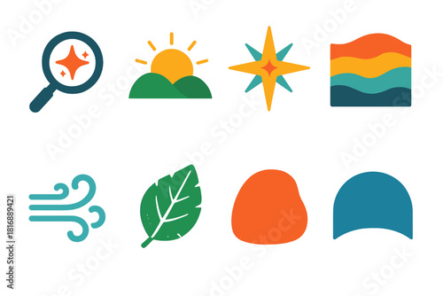 Vibrant Adventure Icons. Outdoor exploration themes flat icon set: discovery spark, horizon sun, guiding star, layered terrain, wind curve, leaf imprint, rugged texture, open sky